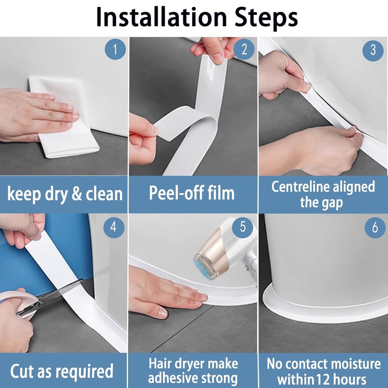 BLUEJUNWEI Caulk Tape Self Adhesive, 4 Rolls Waterproof Caulk Strip, Toilet Sealer Around Toilet Base, Traditional Caulking Replacement, Caulking Tape for Bathroom, Bathtub, Floor Wall Edge Protector - Image 5